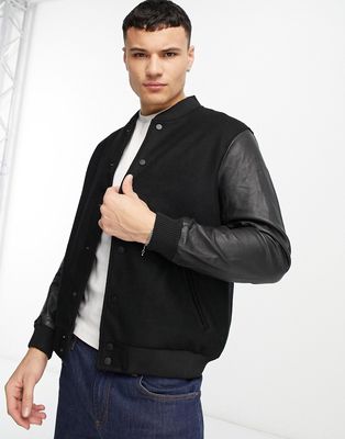 Barneys Originals bomber jacket with leather sleeves in black
