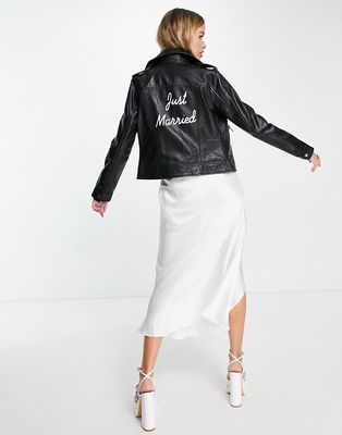 Barneys Originals bridal real leather jacket with Just Married print in black