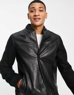 Barneys Originals leather bomber jacket with wool sleeves in black