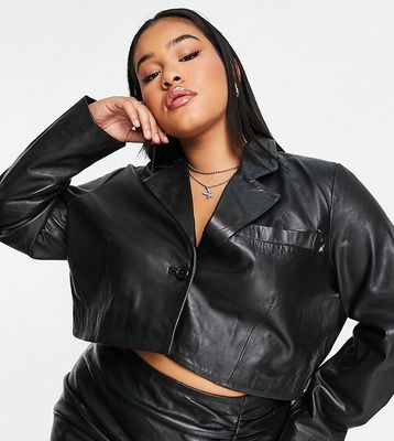Barney's Originals Plus real leather cropped boxy blazer-Black