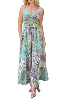 BAROK PARIS Metallic Thread Mixed Print Cotton Blend Jumpsuit in Aqua