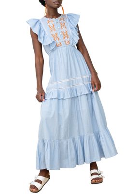 BAROK PARIS Stripe Embroidered Cotton Maxi Dress in Blue