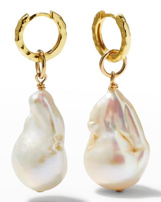 Baroque Pearl Hammered Huggie Earrings
