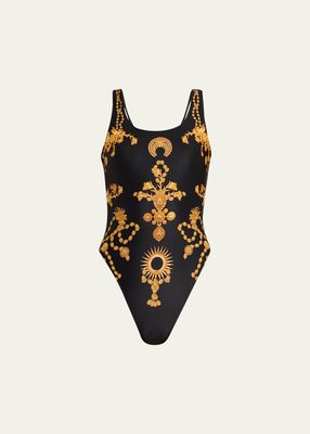 Baroque-Print Open-Back One-Piece Swimsuit