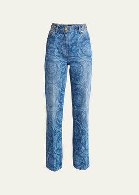 Baroque-Print Stone-Washed Straight Jeans
