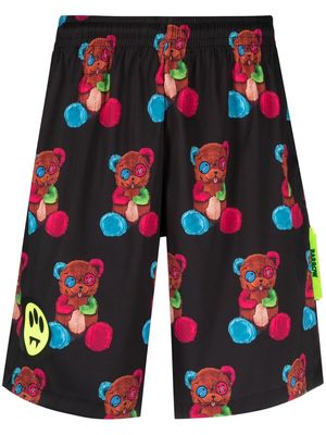BARROW teddy bear-print elasticated-waist Bermuda shorts - Black