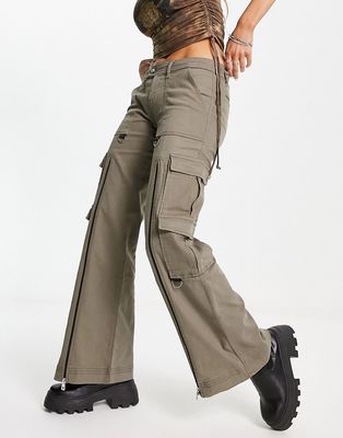 Basic Pleasure Mode low waist flared cargo pants with zip detail in khaki-Neutral