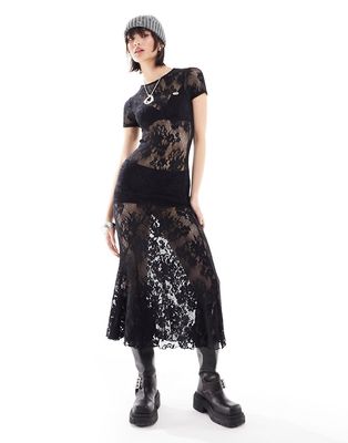 Basic Pleasure Mode short sleeve lace maxi dress in black