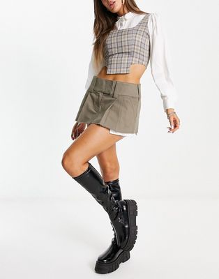 Basic Pleasure Mode ultra mini skirt kilt with exposed pockets in beige-Neutral