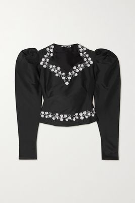 Batsheva - Ines Cropped Embroidered Duchesse-satin Blouse - Black
