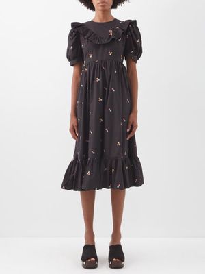 Batsheva - May Floral-embroidered Puff-sleeve Cotton Dress - Womens - Black