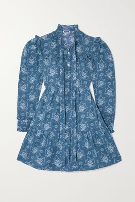 Batsheva - Mina Tie-neck Ruffled Floral-print Cotton-poplin Mini Dress - Blue