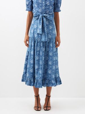Batsheva - Natasha Ruffled Floral-print Cotton Midi Skirt - Womens - Blue White