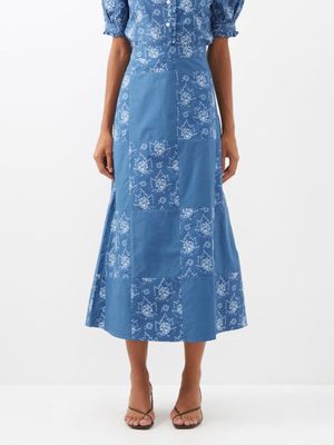 Batsheva - Patchwork Floral-print Cotton Midi Skirt - Womens - Blue White