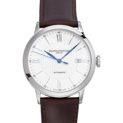 Baume & Mercier Classima Automatic Leather Strap Watch, 40mm in Silver-Coloured Opaline 