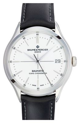 Baume & Mercier Clifton Baumatic Leather Strap Watch, 40mm in White Porcelain-Like 