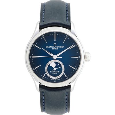 Baume & Mercier Clifton Baumatic Moon Phase Leather Strap Watch, 39mm in Lacquered Blue 