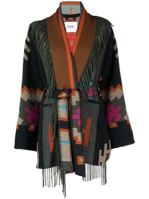 Bazar Deluxe patterned intarsia-knit fringed coat - Grey