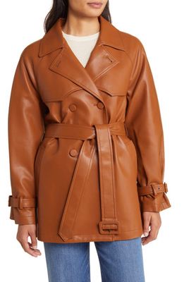 bcbg Double Breasted Faux Leather Trench Coat in Cognac