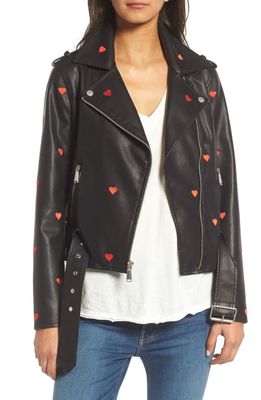 bcbg Heart Embroidered Faux Leather Moto Jacket in Black