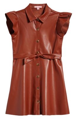 bcbg Kids' Ruffle Sleeve Belted Faux Leather Dress in Chestnut