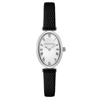 BCBGMAXAZRIA Classic Oval Silver Dial Embossed Leather Strap Watch in