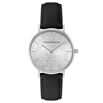 BCBGMAXAZRIA Classic Two Hand Silver Dial Leather Strap Watch in