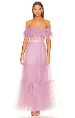 BCBGMAXAZRIA Off Shoulder Tiered Gown in Lavender