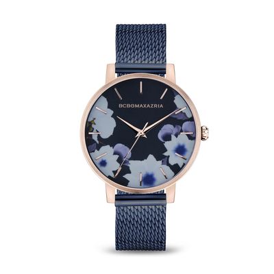BCBGMAXAZRIA Rose Gold Mesh Strap Painted Flower Dial Watch in