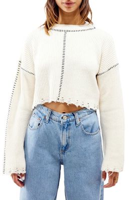 BDG Urban Outfitters Distressed Topstitch Rib Crop Sweater in Cream