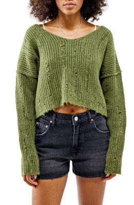 BDG Urban Outfitters Distressed V-Neck Crop Sweater in Khaki
