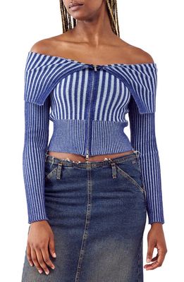 BDG Urban Outfitters Off the Shoulder Rib Zip Cardigan in Blue