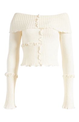 BDG Urban Outfitters Patchwork Rib Off the Shoulder Crop Sweater in Ivory