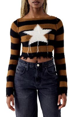 BDG Urban Outfitters Stripe Star Intarsia Crop Sweater in Brown