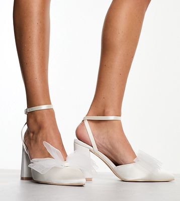 Be Mine Bridal Mishha tulle bow block heeled shoes in ivory-White