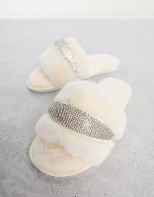 Be Mine Bridal Vibe fluffy embellished slippers in off white