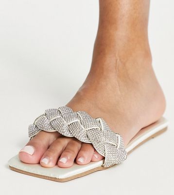 Be Mine Bridal Wide Fit Sihloh diamante plait flat sandals in ivory-White