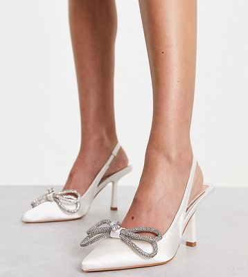 Be Mine Wide Fit Elon mid heel shoes in ivory satin-White