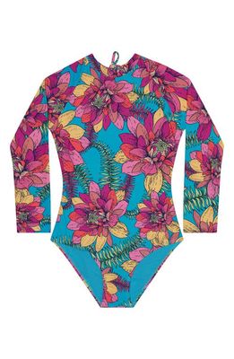 Beach Lingo Kids' Go Go Lotus Long Sleeve One-Piece Rashguard Swimsuit in Blue