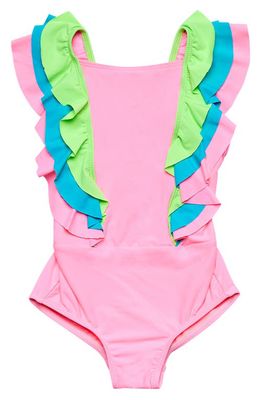 Beach Lingo Kids' Sunsets Ruffle One-Piece Swimsuit in Punch