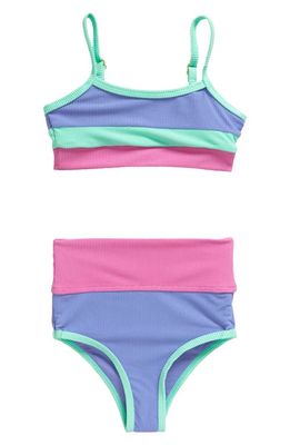 Beach Riot Kids' Little Eva & Emmie Colorblock Rib Two-Piece Swimsuit in High Tide Colorblock
