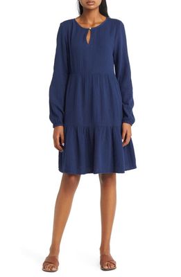 beachlunchlounge Cate Long Sleeve Tiered Cotton Gauze Dress in Navy