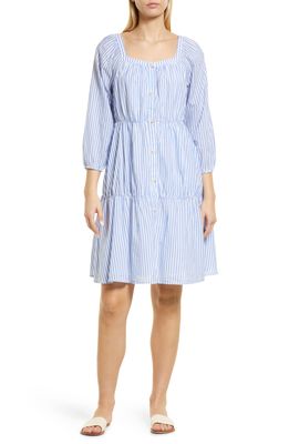 beachlunchlounge Elodie Stripe Long Sleeve Linen & Cotton Dress in Art Blue