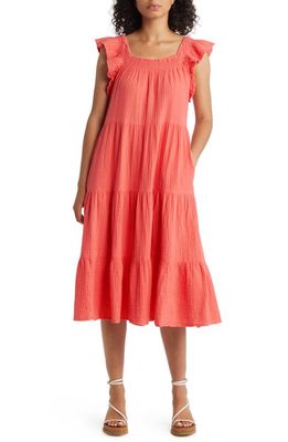 beachlunchlounge Flutter Sleeve Tiered Cotton Gauze Midi Dress in Lantana Coral