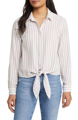 beachlunchlounge Lani Stripe Tie Front Cotton Shirt in Sea Sand