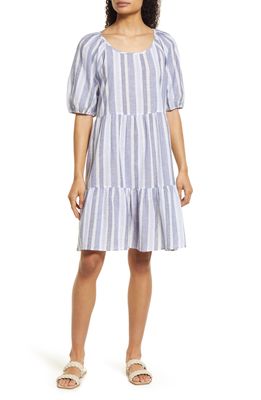 beachlunchlounge Luca Puff Sleeve Linen & Cotton A-line Dress in Blue Mesh