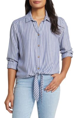 beachlunchlounge Marlo Stripe Tie Front Button-Up Shirt in Blue Tide