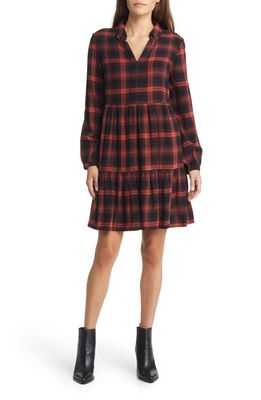 beachlunchlounge Plaid Long Sleeve Tiered Dress in Berry Puree