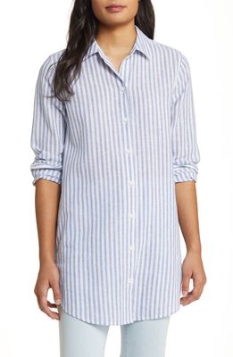 beachlunchlounge Rory Stripe Linen & Cotton Button-Up Tunic Top in Misty Lines