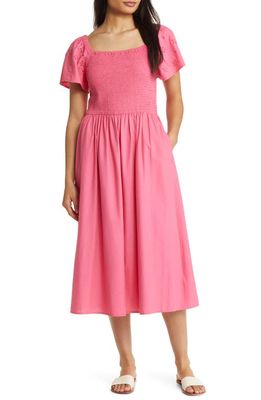 beachlunchlounge Smocked Cotton Eyelet Midi Dress in Pink Pumps